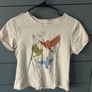 Anthropologie Cream Tee with Colorful Bird Design